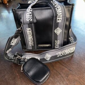 Steve Madden Black Messenger Bag with Branded Gray Strap